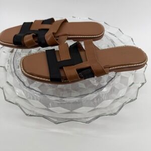 Crevo Catalina Women 6‎ Brown Black Leather H-Strap Slide Sandals CW1323-001